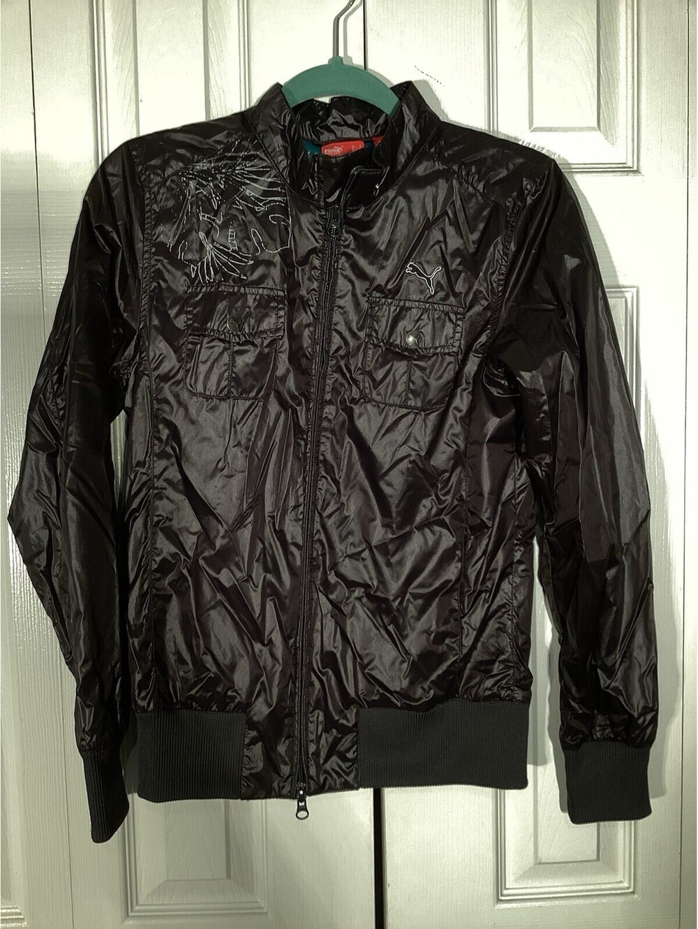 Puma Black With Green Teal Tropical Inside Lightweight Windbreaker Jacket Size S